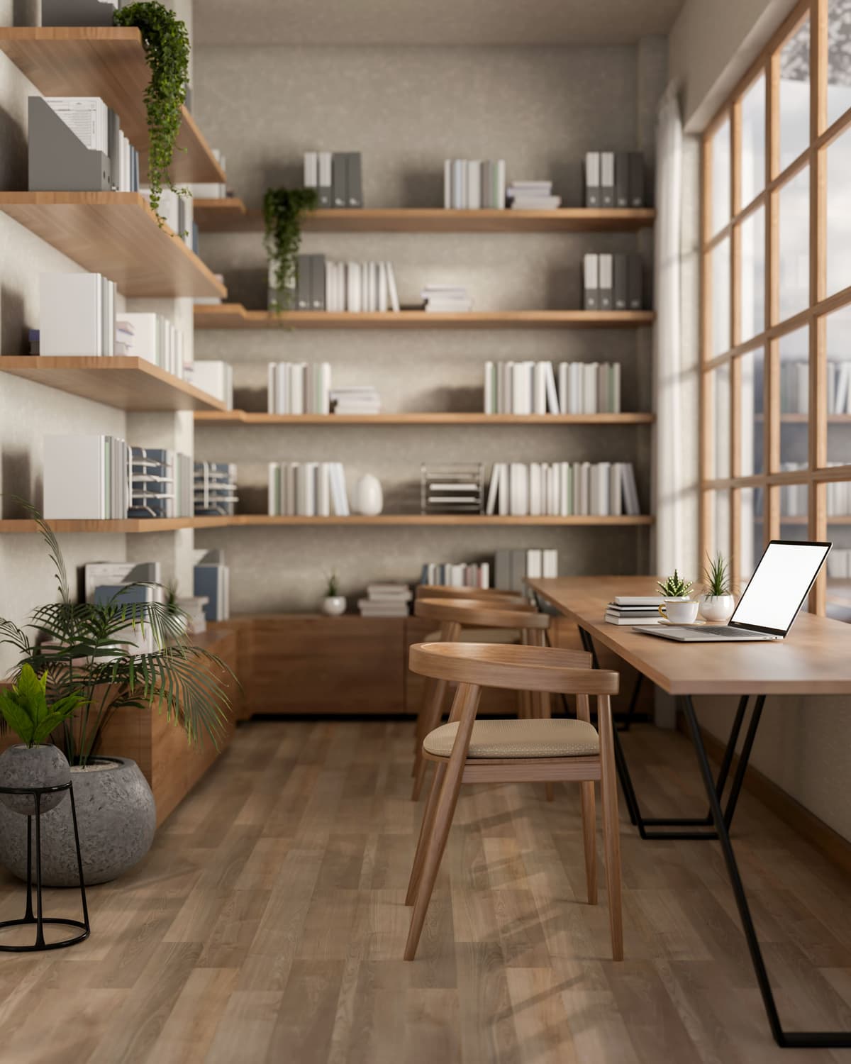 Home Office com Estante de Parede Inteira